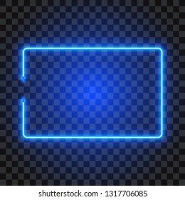 Blue neon rectangle banner, frame on transparent background, vector illustration.