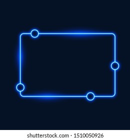 Blue neon rectangle frame with circles on dark background, vector illustration.