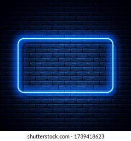 Blue neon rectangular frame on brick wall. Vector illustration.