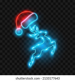 Blue neon reindeer with Santa hat, vector illustration.