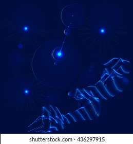 Blue neon ribbon and circles, vector royal blue stars background