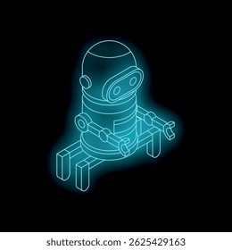 Blue neon robot standing with open arms on black background