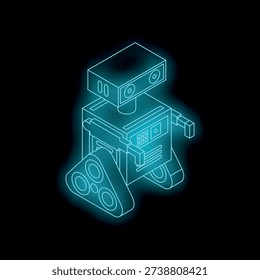 Blue neon robot is walking on a black background