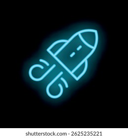 Blue neon rocket ship is flying through space leaving a trail