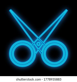 blue neon scissors on a black background. a glamorous hairdresser's tool to create a new hairstyle and cut your hair. scissors for manicure and pedicure, podology for cuticle care. vector