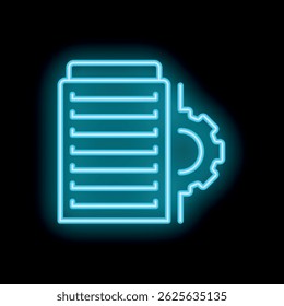Blue neon server rack icon glowing against a black background representing data storage and processing