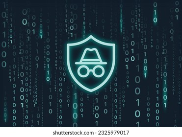 Blue neon shield with incognito mode sign on futuristic program code background. Safety coding and network connection on incognito mode vector background. VPN background.