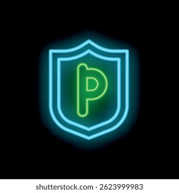 Blue neon shield protecting green neon letter p on black background