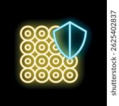 Blue neon shield protecting yellow database icon glowing on dark background