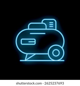 Blue neon sign of an air compressor glowing on black background
