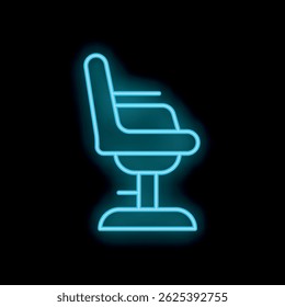 Blue neon sign of barber chair glowing on black background