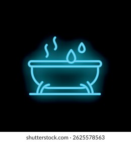 Blue neon sign of a bathtub with hot water drops and steam on a black background, great for concepts such as spa, bathroom or relaxation
