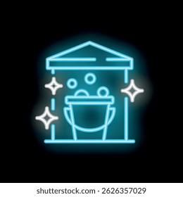 Blue neon sign of a bucket overflowing with soap suds underneath an awning on a black background