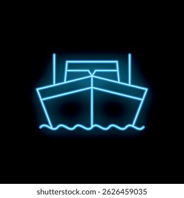 Blue neon sign of a cargo ship sailing on water at night