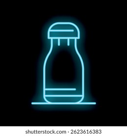 Blue neon sign of a classic milk bottle, shining on a black background