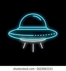 Blue neon sign of a classic ufo spaceship is hovering in the dark and emitting light beams