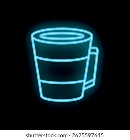 Blue neon sign of a coffee cup shining on a black background, representing a concept related to drinking and beverages