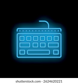 Sinal de néon azul de um teclado de computador brilhando no escuro