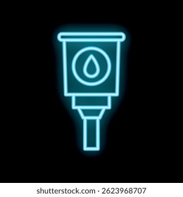 Blue neon sign of a container dispensing a drop of liquid on black background