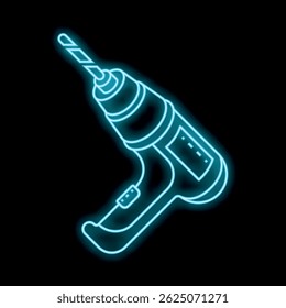Blue neon sign of a cordless drill glowing on a dark background
