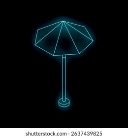 Blue neon sign depicting a beach umbrella, isolated on a black background
