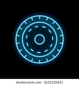 Blue neon sign depicting a car brake disc on a black background