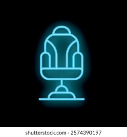 Blue neon sign depicting a comfortable office chair with armrests and wheels