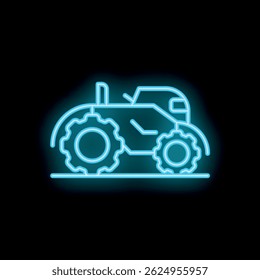 Blue neon sign depicting a farm tractor working at night on a black background