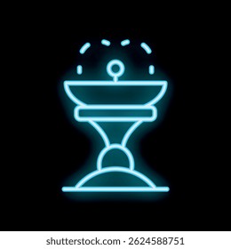 Blue neon sign depicting a fountain spurting water, on a black background