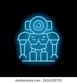 Blue neon sign depicting a futuristic robot, radiating an electric blue glow against a dark background