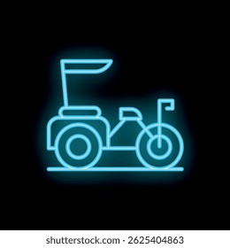 Blue neon sign depicting a golf cart on a black background
