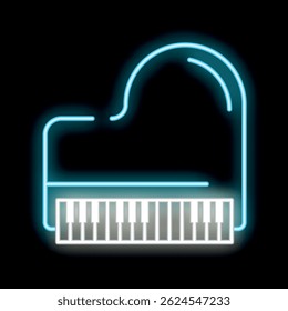 Blue neon sign depicting a grand piano with keyboard on a black background