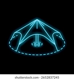 Sinal de néon azul representando um grande toldo fornecendo sombra, frequentemente usado em eventos ao ar livre
