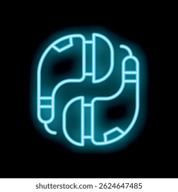 Blue neon sign depicting a pair of headphones, glowing brightly against a dark background