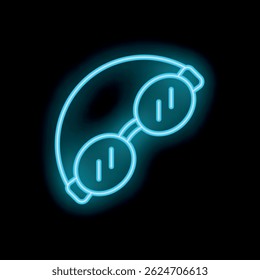 Blue neon sign depicting a pair of welding goggles, glowing on a black background
