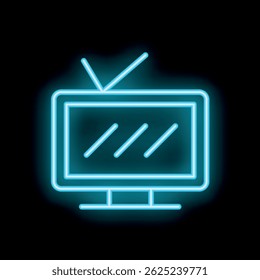 Sinal de néon azul representando um televisor retrô com uma antena, irradiando um brilho vibrante contra um fundo escuro