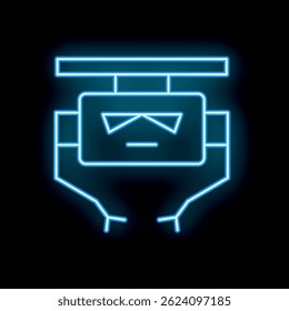 Blue neon sign depicting a robot with a screen for a face and antennas on a black background