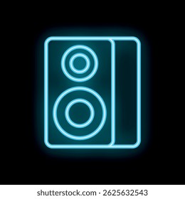 Blue neon sign depicting a speaker, radiating light on a black background