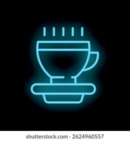 Blue neon sign depicting a steaming cup of coffee on a saucer on a black background