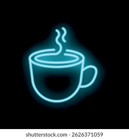 Blue neon sign depicting a steaming hot coffee cup, isolated on a black background, perfect for conveying concepts of coffee, cafe, and nightlife