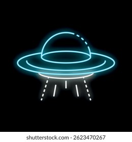 Blue neon sign depicting a ufo flying saucer with white light beams emanating from it against a black background