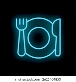 Blue neon sign of empty plate with fork and knife glowing on black background