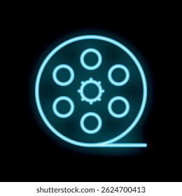 Blue neon sign of a film reel glowing on a black background, symbolizing the magic of cinema