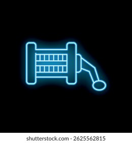 Blue neon sign of a fishing reel is glowing on a black background