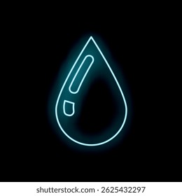 Blue neon sign is glowing in the dark, shaped like a water drop