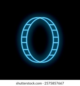 Blue neon sign of hamster wheel glowing on black background