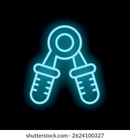 Blue neon sign of a hand grip exerciser glowing on a black background, representing fitness and strength training