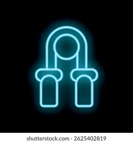 Blue neon sign of a hand grip exerciser glowing on a black background, representing fitness and strength training