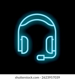 Blue neon sign of a headset glowing on a black background