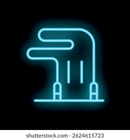 Blue neon sign of a hospital bed glowing on a black background